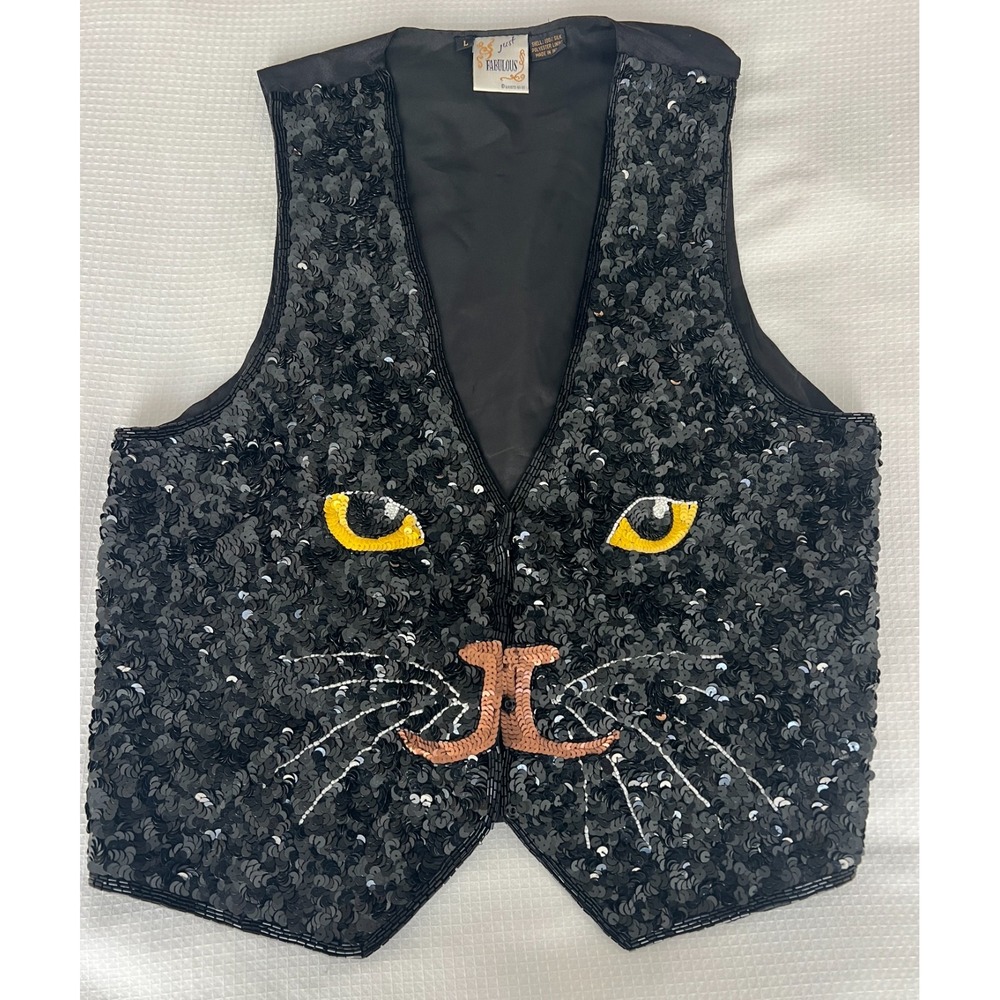 Just Fabulous Silk‎ Sequin Black Cat Face Vest Novelty Women's Size L Vintage